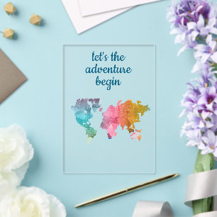 Invitations En Acrylique Commençons l'aventure Carte du monde géométrique