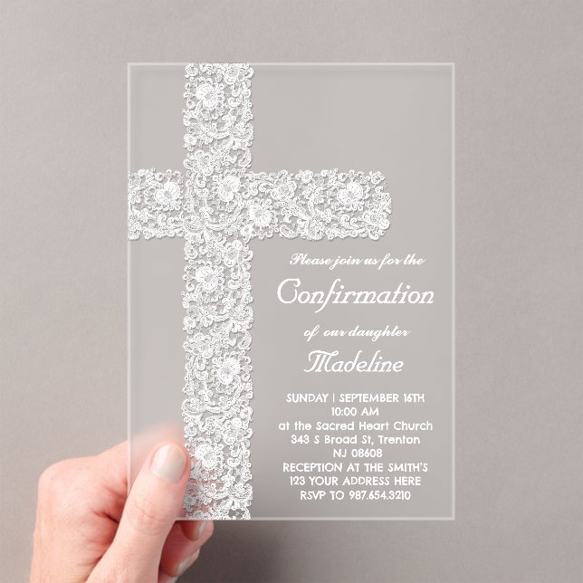 Invitations En Acrylique conception de la croix de dentelle | Confirmations (In situ (ordinateur de poche))