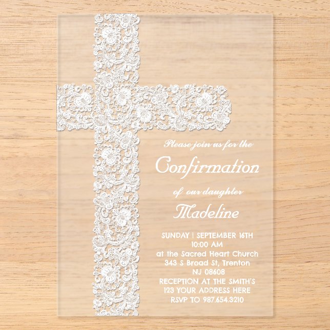 Invitations En Acrylique conception de la croix de dentelle | Confirmations (Recto)