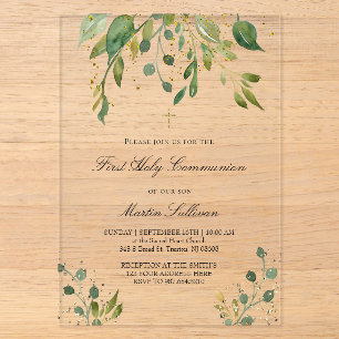 Invitations En Acrylique conception de verdure Première Communion