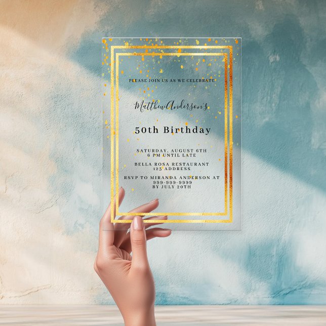 Invitations En Acrylique Confetti d'or d'anniversaire clair (Créateur téléchargé)