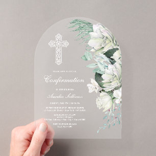 Invitations En Acrylique Confirmation d'arche de verdure de roses blanches
