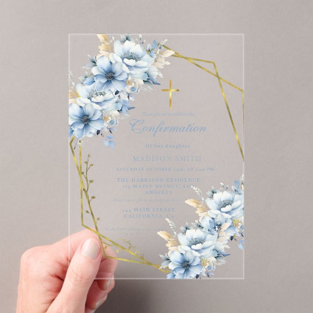 Invitations En Acrylique Confirmation de jardin bleu Fleur sauvage élégant (In situ (ordinateur de poche))