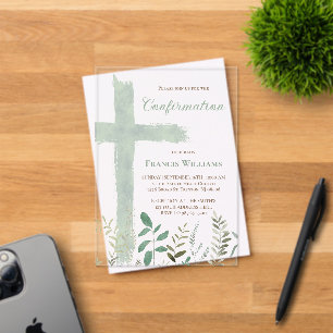 Invitations En Acrylique Confirmation de la croix à l'aquarelle verte