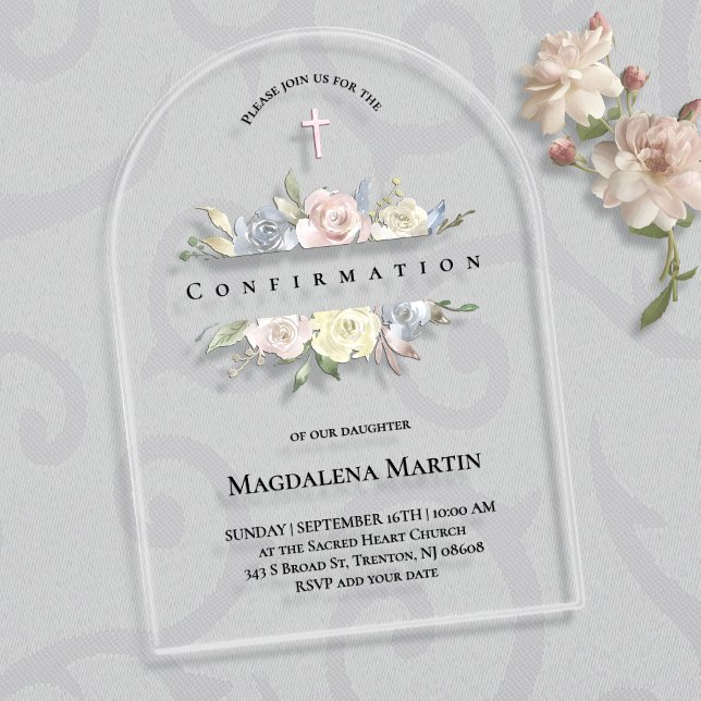 Invitations En Acrylique confirmation du cadre floral (Créateur téléchargé)