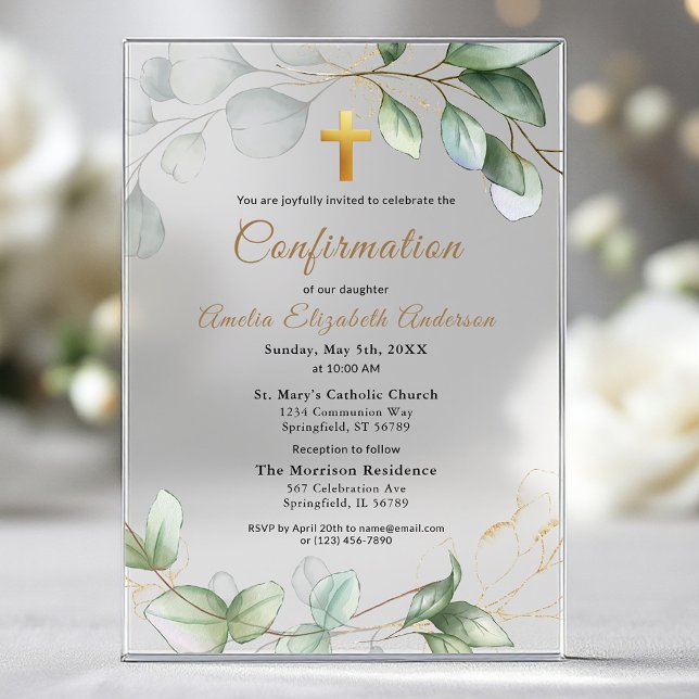 Invitations En Acrylique Confirmation Eucalyptus Greenery Gold Girl (Créateur téléchargé)