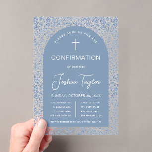 Invitations En Acrylique Confirmation garçon arche motif floral écriture 