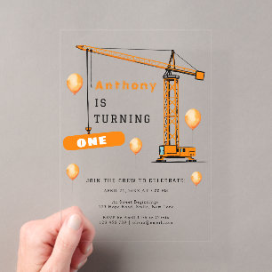 Invitations En Acrylique Construction Grue Enfants et adultes Anniversaire