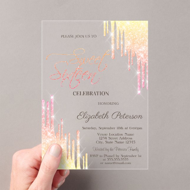 Invitations En Acrylique  Cool Ombre Glitter Drips Rose Gold  Sweet 16 (In situ (ordinateur de poche))