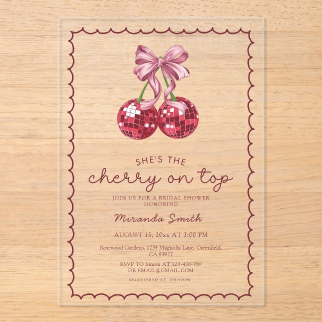 Invitations En Acrylique Coquette Bow Cherry Sur La Fête des mariées Supéri (Recto)