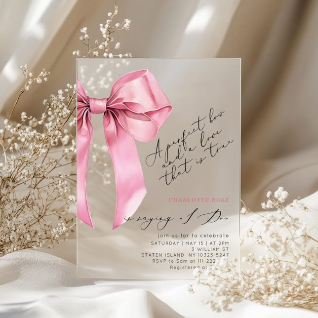 Invitations En Acrylique Coquette Bow rose Élégante Fête des mariées (Créateur téléchargé)