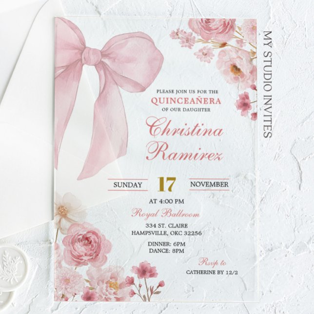 Invitations En Acrylique Coquette Bow rose florale Quinceanera (Créateur téléchargé)