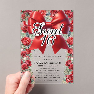 Invitations En Acrylique Coquette Bow rouge Floral Vintage Sweet 16