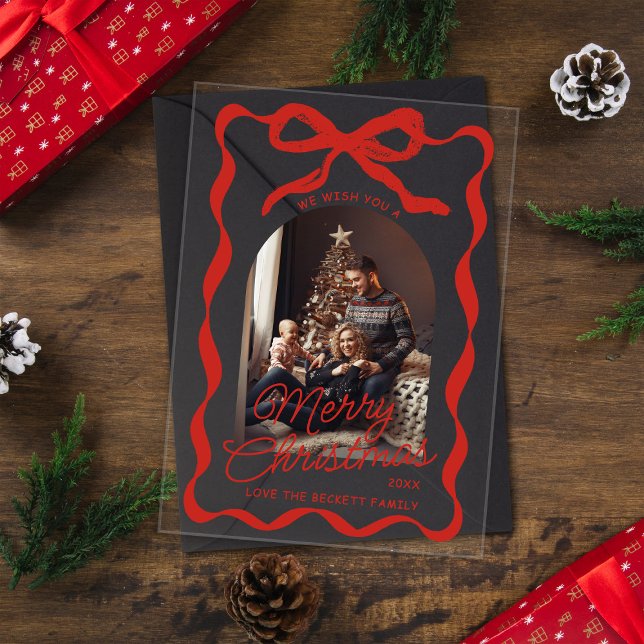 Invitations En Acrylique Coquette Curvy Ribbon & Bow Retro Christmas Photo (Créateur téléchargé)