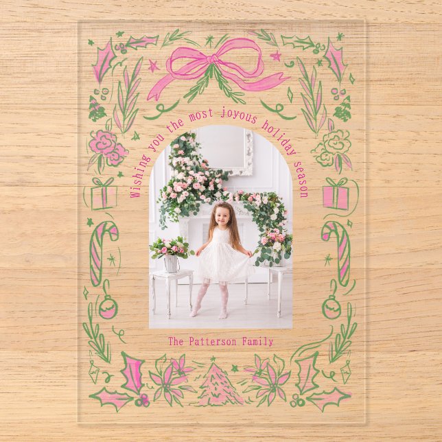 Invitations En Acrylique Coquette Famille de Noël Photo Pink Green Doodle (Recto)