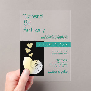 Invitations En Acrylique Coquillages et Cœurs, Mariage sur la Plage