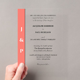 Invitations En Acrylique Coral blanc Monogramme mariée et la chambre claire