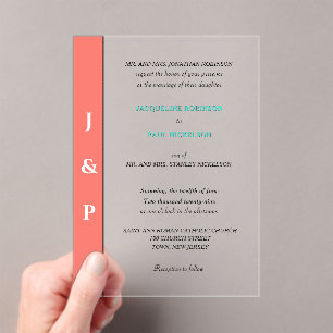 Invitations En Acrylique Coral Turquoise Monogramme Bride et Groom Clear