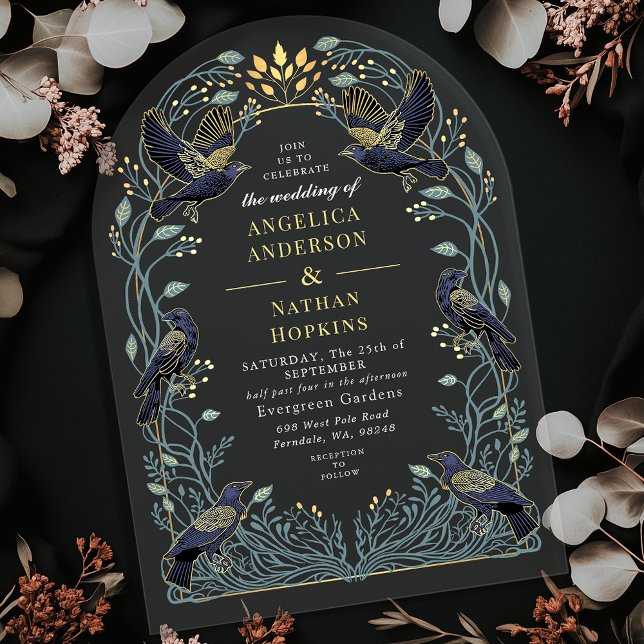 Invitations En Acrylique Corbeau gothique enchanté Mariage floral Ach (Créateur téléchargé)