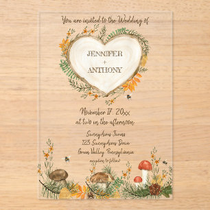 Invitations En Acrylique Cosy Woodland Cottagecore Mariage de coeur en bois
