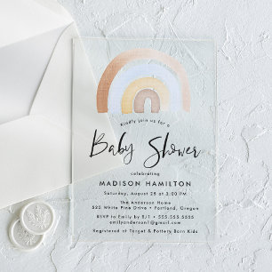 Invitations En Acrylique Couleur bleu et Brown Aquarelle Baby shower arc-en