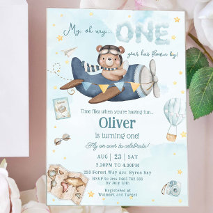 Invitations En Acrylique Coupe Bear Blue Plane Time Vol Un 1er anniversaire