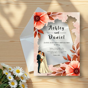 Invitations En Acrylique Couple Romantique Mariage Floral Aquarelle Poussié