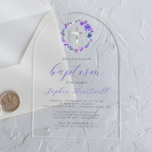 Invitations En Acrylique Courbe fleurie violette Croix d'argent Baptême