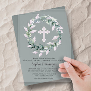 Invitations En Acrylique Couronne aquarelle croix rose Première Communion