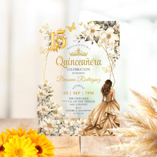 Invitations En Acrylique Couronne de fleurs beige Tiara Doré Quinceañera