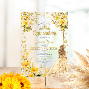 Invitations En Acrylique Couronne de fleurs papillons jaune doré pour Quinc