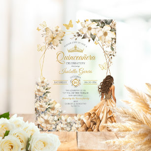 Invitations En Acrylique Couronne de fleurs papillons Quinceañera beige dor