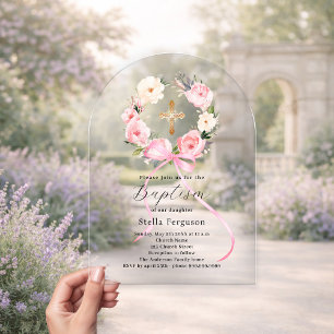 Invitations En Acrylique Couronne de fleurs roses enrubannée croix fille ba