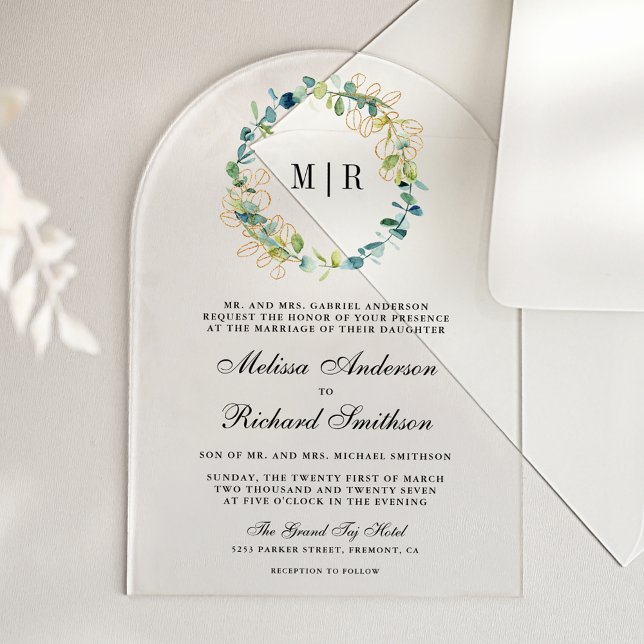 Invitations En Acrylique Couronne de mariage en or rustique Eucalyptus (Créateur téléchargé)