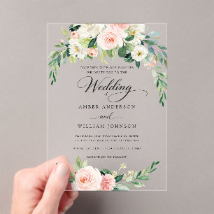 Invitations En Acrylique Couronne de mariage florale en ivoire rose élégant