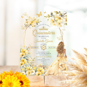 Invitations En Acrylique Couronne de papillons floraux jaunes Quinceañera