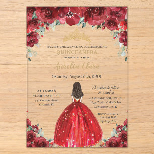Invitations En Acrylique Couronne de princesse chic Quinceañera rouge fleur