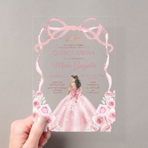 Invitations En Acrylique Couronne de princesse fille rose or bow Quinceañer