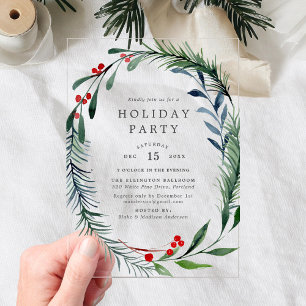 Invitations En Acrylique Couronne de Verdure Festive et Baies de Houx pour