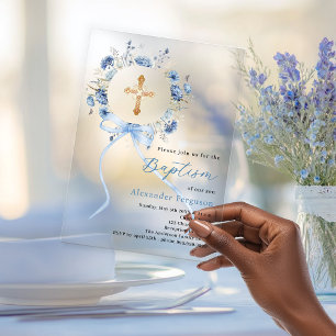 Invitations En Acrylique Couronne florale bleue arc garçon baptême clair