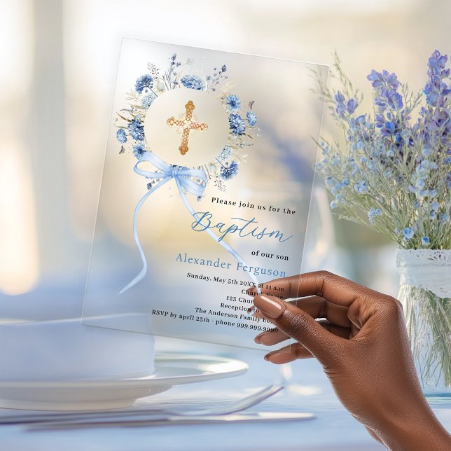 Invitations En Acrylique Couronne florale bleue arc garçon baptême clair (Créateur téléchargé)