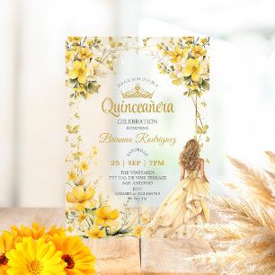 Invitations En Acrylique Couronne florale papillon Quinceañera jaune doré