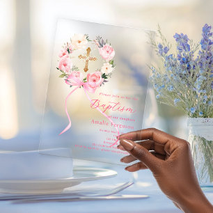 Invitations En Acrylique Couronne florale rose arc ruban fille baptême clai
