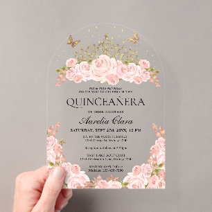 Invitations En Acrylique Couronne florale rose poudré or Tiara Quinceanera 
