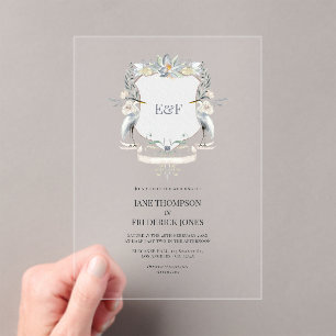 Invitations En Acrylique Couronne Monogramme de Héron Élégant Mariage au La