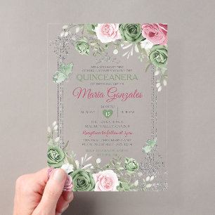 Invitations En Acrylique Couronne papillon argent vert sauge rose Quinceañe