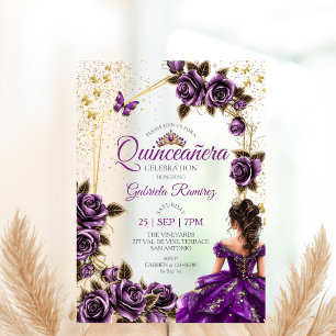 Invitations En Acrylique Couronnes de roses dorées violettes Papillon Quinc