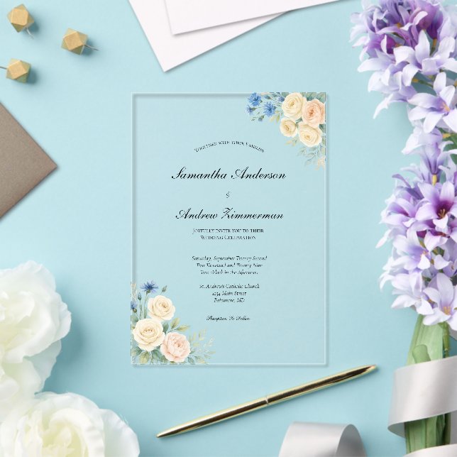 Invitations En Acrylique Crème rose Bleu Noir Floral Élégant Mariage (Insitu (Mariage))