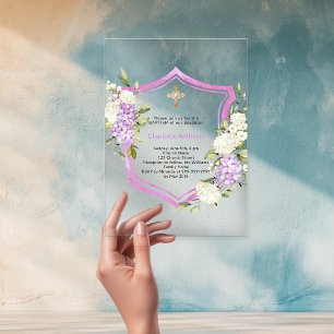 Invitations En Acrylique Crest rose violet fleurs fille clair Baptême