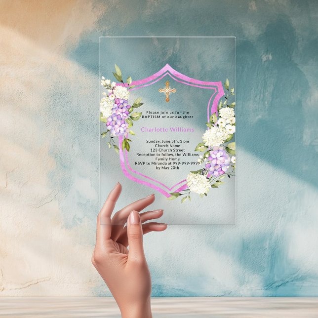 Invitations En Acrylique Crest rose violet fleurs fille clair Baptême (Créateur téléchargé)